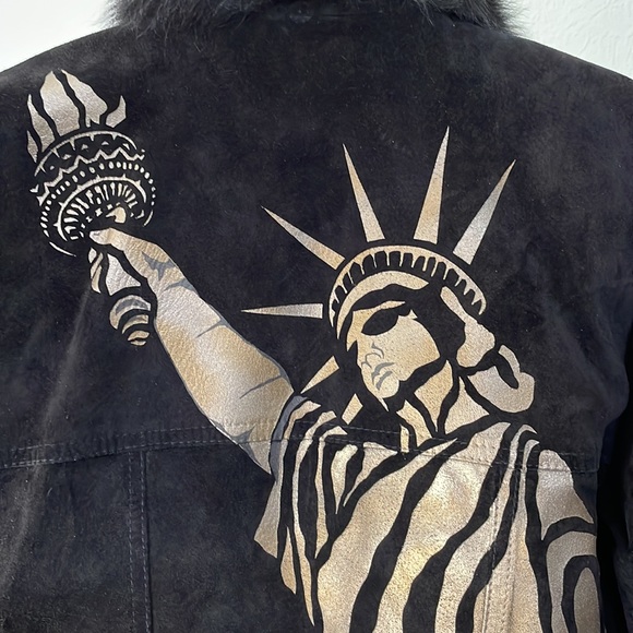 CHAR vintage woman’s black suede jacket Lady Liberty & Flag, fur, 8, EUC - Picture 8 of 12